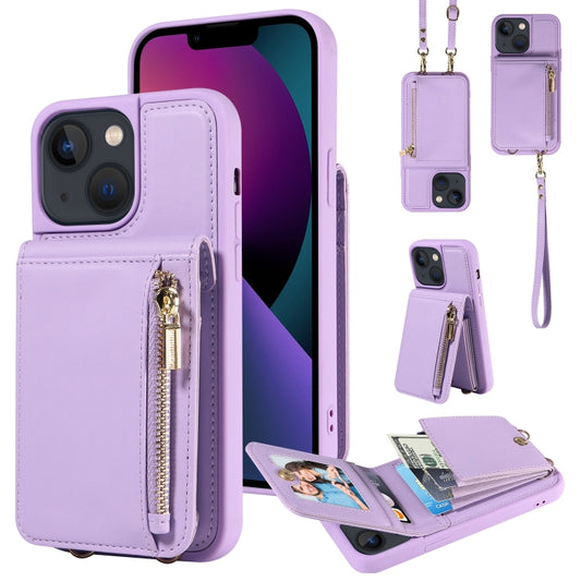 For iPhone 13 Crossbody Lanyard Zipper Wallet Leather Phone Case(Purple) - iPhone 13 Cases by buy2fix | Online Shopping UK | buy2fix