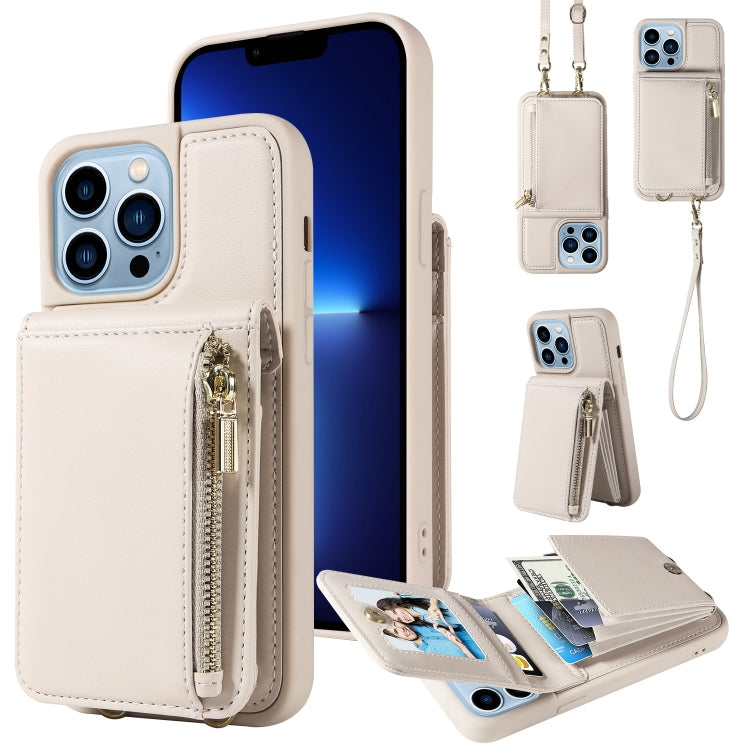 For iPhone 13 Pro Max Crossbody Lanyard Zipper Wallet Leather Phone Case(Beige) - iPhone 13 Pro Max Cases by buy2fix | Online Shopping UK | buy2fix
