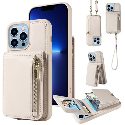 For iPhone 13 Pro Max Crossbody Lanyard Zipper Wallet Leather Phone Case(Beige) - iPhone 13 Pro Max Cases by buy2fix | Online Shopping UK | buy2fix