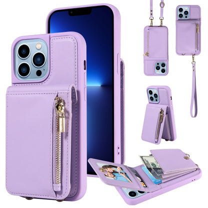 For iPhone 13 Pro Max Crossbody Lanyard Zipper Wallet Leather Phone Case(Purple) - iPhone 13 Pro Max Cases by buy2fix | Online Shopping UK | buy2fix