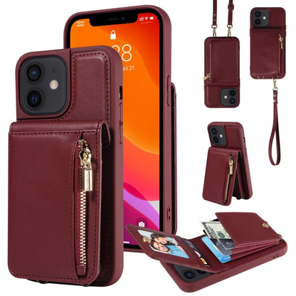 For iPhone 12 / 12 Pro Crossbody Lanyard Zipper Wallet Leather Phone Case(Wine Red) - iPhone 12 / 12 Pro Cases by buy2fix | Online Shopping UK | buy2fix