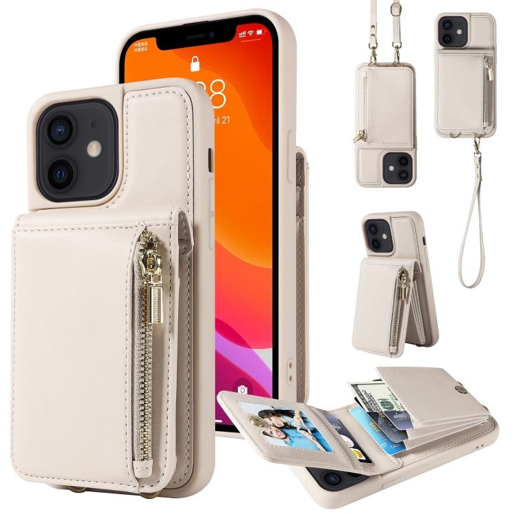 For iPhone 12 / 12 Pro Crossbody Lanyard Zipper Wallet Leather Phone Case(Beige) - iPhone 12 / 12 Pro Cases by buy2fix | Online Shopping UK | buy2fix