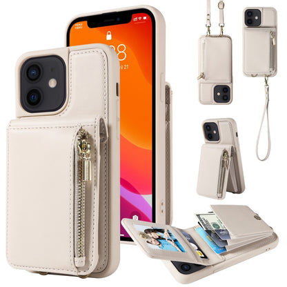 For iPhone 12 / 12 Pro Crossbody Lanyard Zipper Wallet Leather Phone Case(Beige) - iPhone 12 / 12 Pro Cases by buy2fix | Online Shopping UK | buy2fix