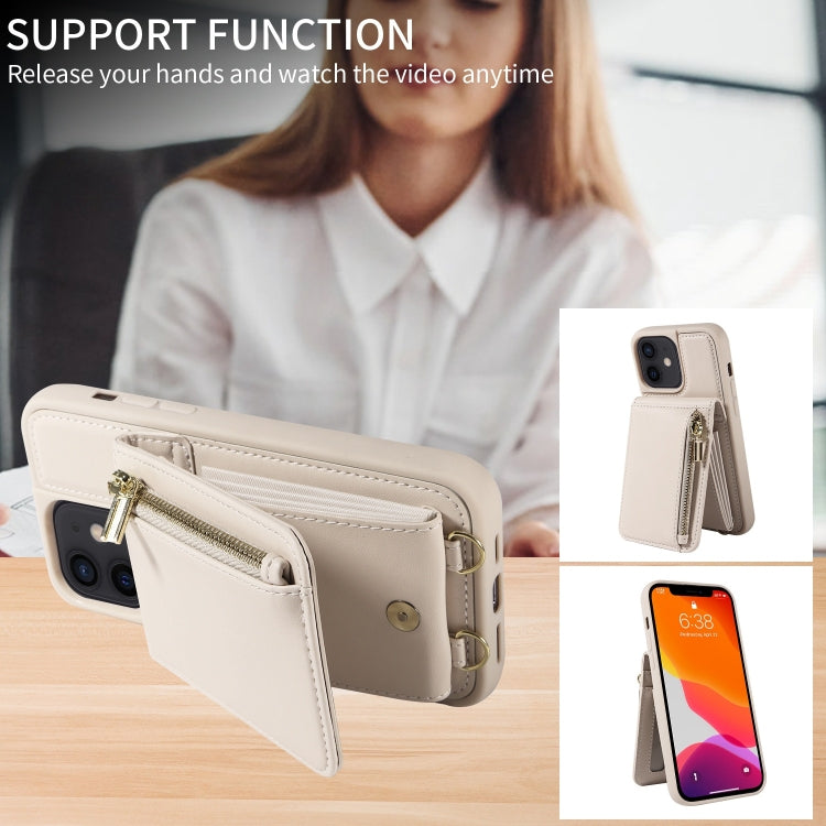 For iPhone 12 / 12 Pro Crossbody Lanyard Zipper Wallet Leather Phone Case(Beige) - iPhone 12 / 12 Pro Cases by buy2fix | Online Shopping UK | buy2fix