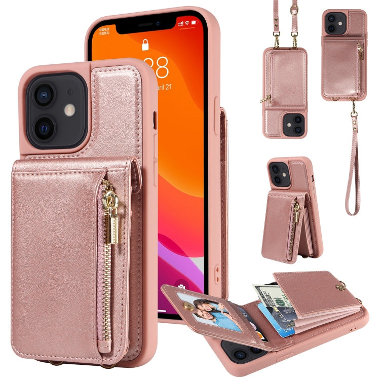 For iPhone 12 / 12 Pro Crossbody Lanyard Zipper Wallet Leather Phone Case(Rose Gold) - iPhone 12 / 12 Pro Cases by buy2fix | Online Shopping UK | buy2fix