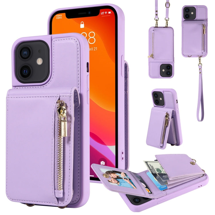 For iPhone 12 / 12 Pro Crossbody Lanyard Zipper Wallet Leather Phone Case(Purple) - iPhone 12 / 12 Pro Cases by buy2fix | Online Shopping UK | buy2fix