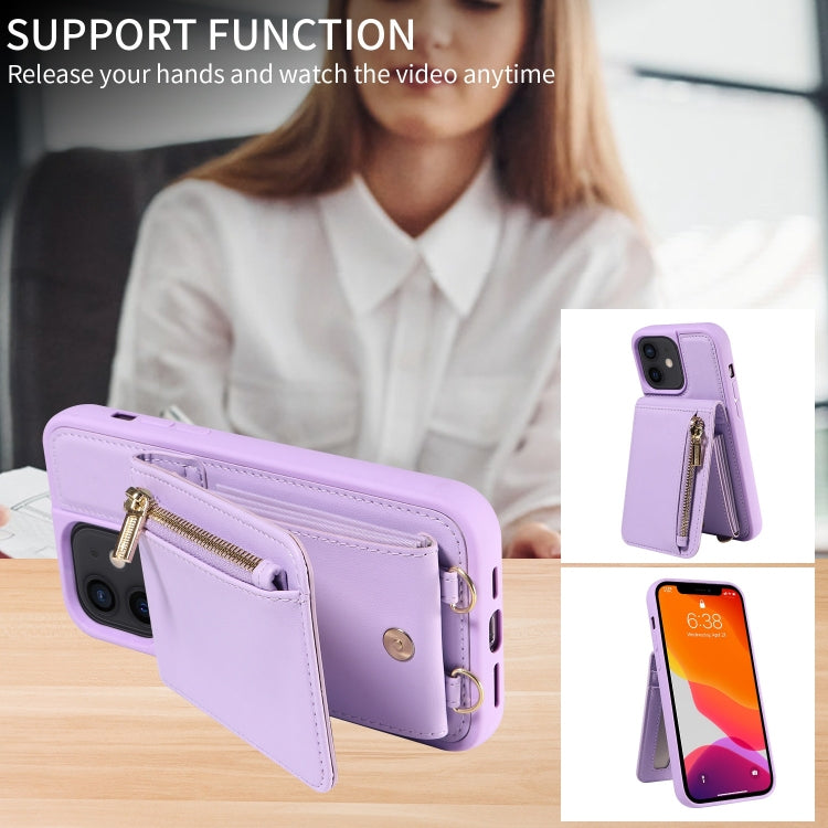For iPhone 12 / 12 Pro Crossbody Lanyard Zipper Wallet Leather Phone Case(Purple) - iPhone 12 / 12 Pro Cases by buy2fix | Online Shopping UK | buy2fix