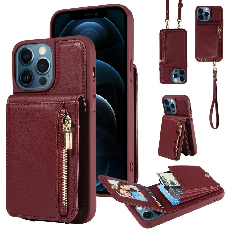 For iPhone 12 Pro Max Crossbody Lanyard Zipper Wallet Leather Phone Case(Wine Red) - iPhone 12 Pro Max Cases by buy2fix | Online Shopping UK | buy2fix