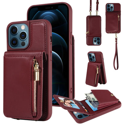 For iPhone 12 Pro Max Crossbody Lanyard Zipper Wallet Leather Phone Case(Wine Red) - iPhone 12 Pro Max Cases by buy2fix | Online Shopping UK | buy2fix
