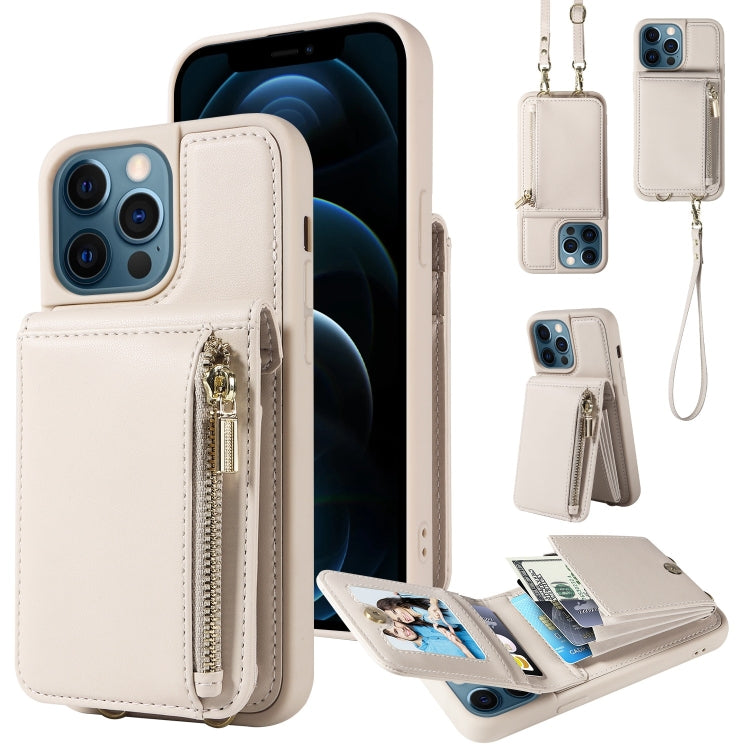 For iPhone 12 Pro Max Crossbody Lanyard Zipper Wallet Leather Phone Case(Beige) - iPhone 12 Pro Max Cases by buy2fix | Online Shopping UK | buy2fix