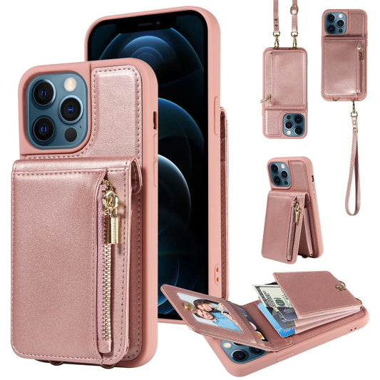 For iPhone 12 Pro Max Crossbody Lanyard Zipper Wallet Leather Phone Case(Rose Gold) - iPhone 12 Pro Max Cases by buy2fix | Online Shopping UK | buy2fix