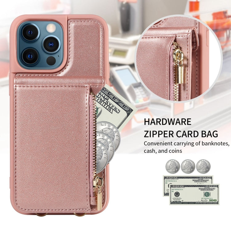 For iPhone 12 Pro Max Crossbody Lanyard Zipper Wallet Leather Phone Case(Rose Gold) - iPhone 12 Pro Max Cases by buy2fix | Online Shopping UK | buy2fix
