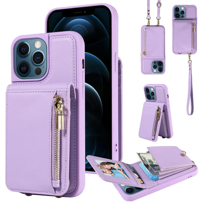 For iPhone 12 Pro Max Crossbody Lanyard Zipper Wallet Leather Phone Case(Purple) - iPhone 12 Pro Max Cases by buy2fix | Online Shopping UK | buy2fix