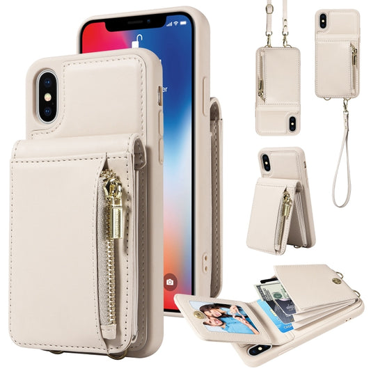 For iPhone X / XS Crossbody Lanyard Zipper Wallet Leather Phone Case(Beige) - More iPhone Cases by buy2fix | Online Shopping UK | buy2fix