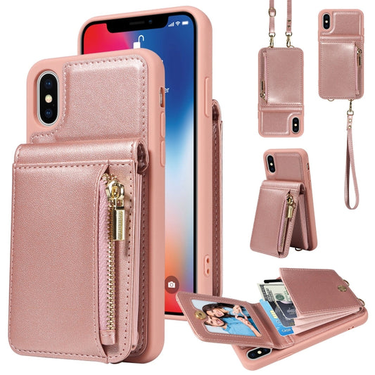 For iPhone X / XS Crossbody Lanyard Zipper Wallet Leather Phone Case(Rose Gold) - More iPhone Cases by buy2fix | Online Shopping UK | buy2fix