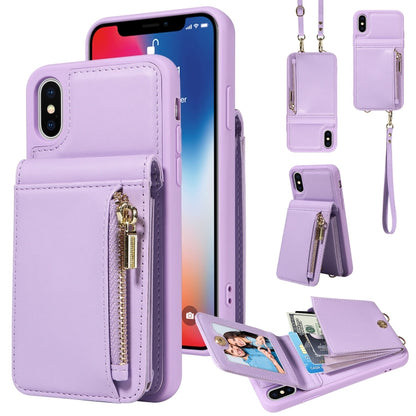 For iPhone X / XS Crossbody Lanyard Zipper Wallet Leather Phone Case(Purple) - More iPhone Cases by buy2fix | Online Shopping UK | buy2fix