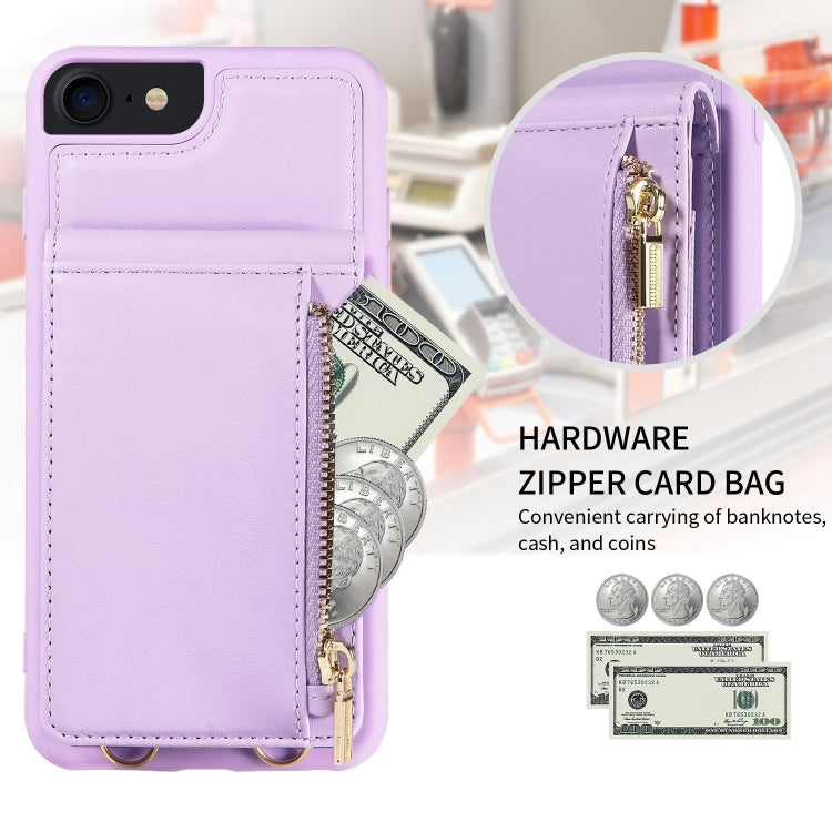 For iPhone SE 2022/ 7 / 8 Crossbody Lanyard Zipper Wallet Leather Phone Case(Purple) - iPhone SE 2022 / 2020 / 8 / 7 Cases by buy2fix | Online Shopping UK | buy2fix