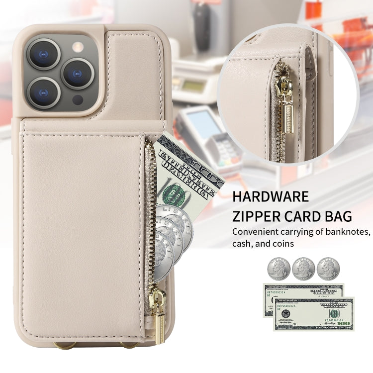 For iPhone 15 Pro Max Crossbody Lanyard Zipper Wallet Leather Phone Case(Beige) - iPhone 15 Pro Max Cases by buy2fix | Online Shopping UK | buy2fix