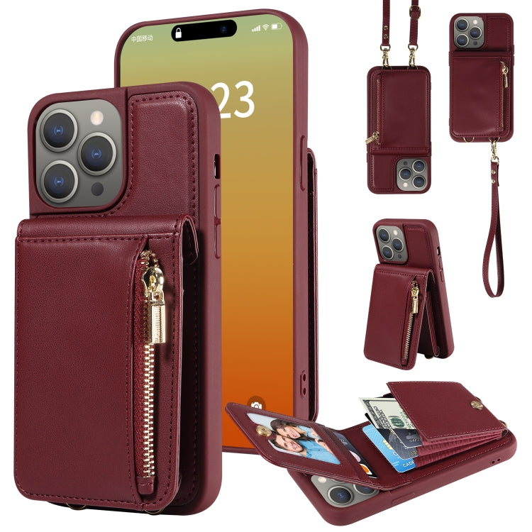 For iPhone 15 Pro Max Crossbody Lanyard Zipper Wallet Leather Phone Case(Wine Red) - iPhone 15 Pro Max Cases by buy2fix | Online Shopping UK | buy2fix