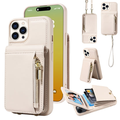 For iPhone 15 Pro Crossbody Lanyard Zipper Wallet Leather Phone Case(Beige) - iPhone 15 Pro Cases by buy2fix | Online Shopping UK | buy2fix
