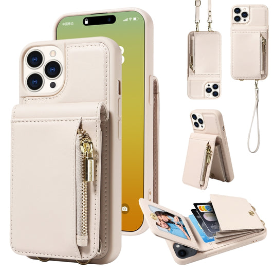 For iPhone 15 Pro Crossbody Lanyard Zipper Wallet Leather Phone Case(Beige) - iPhone 15 Pro Cases by buy2fix | Online Shopping UK | buy2fix