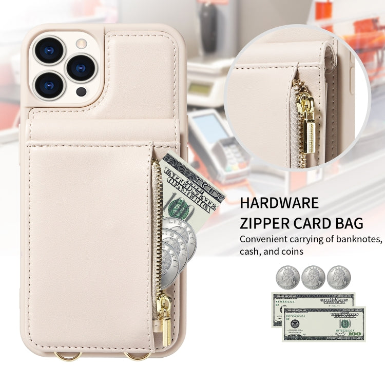For iPhone 15 Pro Crossbody Lanyard Zipper Wallet Leather Phone Case(Beige) - iPhone 15 Pro Cases by buy2fix | Online Shopping UK | buy2fix
