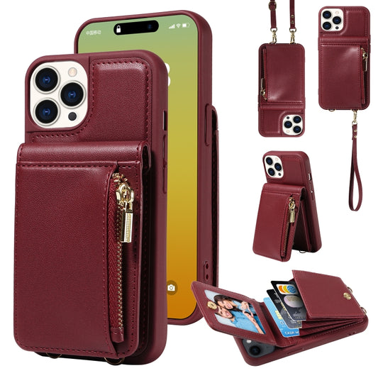 For iPhone 15 Pro Crossbody Lanyard Zipper Wallet Leather Phone Case(Wine Red) - iPhone 15 Pro Cases by buy2fix | Online Shopping UK | buy2fix