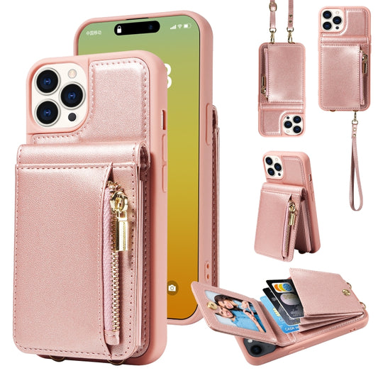 For iPhone 15 Pro Crossbody Lanyard Zipper Wallet Leather Phone Case(Rose Gold) - iPhone 15 Pro Cases by buy2fix | Online Shopping UK | buy2fix