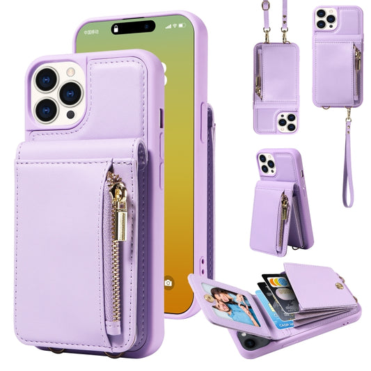 For iPhone 15 Pro Crossbody Lanyard Zipper Wallet Leather Phone Case(Purple) - iPhone 15 Pro Cases by buy2fix | Online Shopping UK | buy2fix
