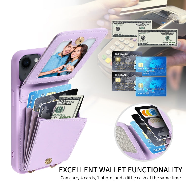 For iPhone 15 Pro Crossbody Lanyard Zipper Wallet Leather Phone Case(Purple) - iPhone 15 Pro Cases by buy2fix | Online Shopping UK | buy2fix