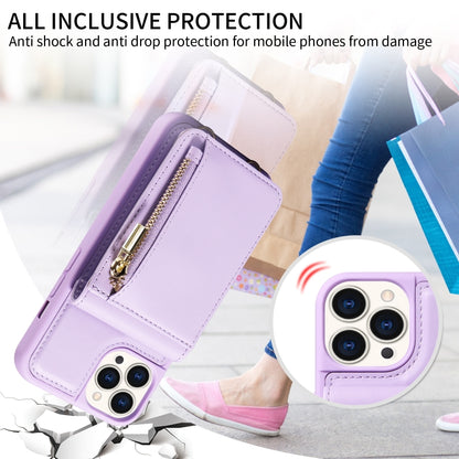 For iPhone 15 Pro Crossbody Lanyard Zipper Wallet Leather Phone Case(Purple) - iPhone 15 Pro Cases by buy2fix | Online Shopping UK | buy2fix
