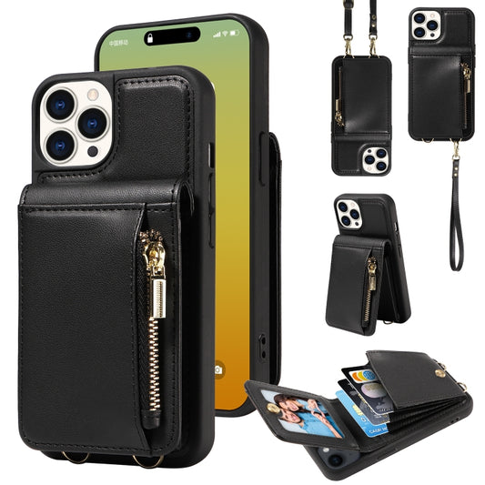 For iPhone 15 Pro Crossbody Lanyard Zipper Wallet Leather Phone Case(Black) - iPhone 15 Pro Cases by buy2fix | Online Shopping UK | buy2fix