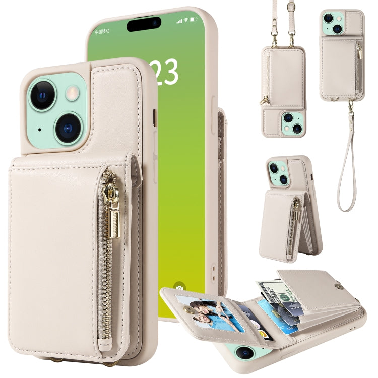 For iPhone 15 Plus Crossbody Lanyard Zipper Wallet Leather Phone Case(Beige) - iPhone 15 Plus Cases by buy2fix | Online Shopping UK | buy2fix