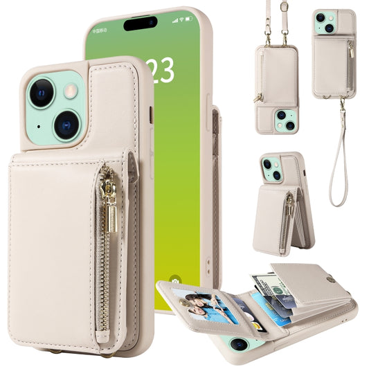 For iPhone 15 Plus Crossbody Lanyard Zipper Wallet Leather Phone Case(Beige) - iPhone 15 Plus Cases by buy2fix | Online Shopping UK | buy2fix
