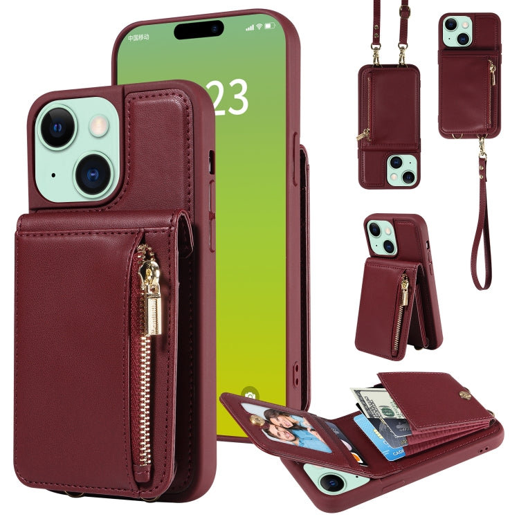 For iPhone 15 Plus Crossbody Lanyard Zipper Wallet Leather Phone Case(Wine Red) - iPhone 15 Plus Cases by buy2fix | Online Shopping UK | buy2fix
