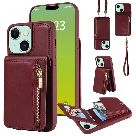 For iPhone 15 Plus Crossbody Lanyard Zipper Wallet Leather Phone Case(Wine Red) - iPhone 15 Plus Cases by buy2fix | Online Shopping UK | buy2fix