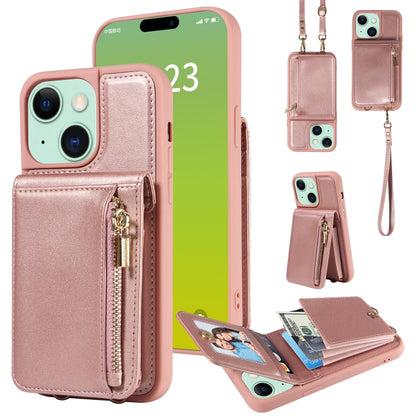 For iPhone 15 Plus Crossbody Lanyard Zipper Wallet Leather Phone Case(Rose Gold) - iPhone 15 Plus Cases by buy2fix | Online Shopping UK | buy2fix