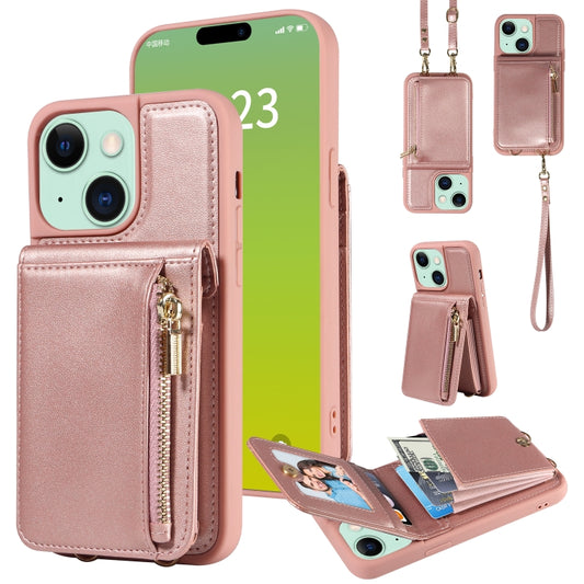 For iPhone 15 Plus Crossbody Lanyard Zipper Wallet Leather Phone Case(Rose Gold) - iPhone 15 Plus Cases by buy2fix | Online Shopping UK | buy2fix