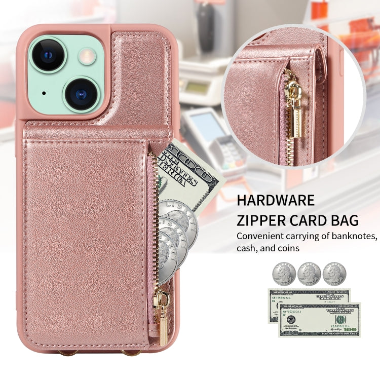 For iPhone 15 Plus Crossbody Lanyard Zipper Wallet Leather Phone Case(Rose Gold) - iPhone 15 Plus Cases by buy2fix | Online Shopping UK | buy2fix