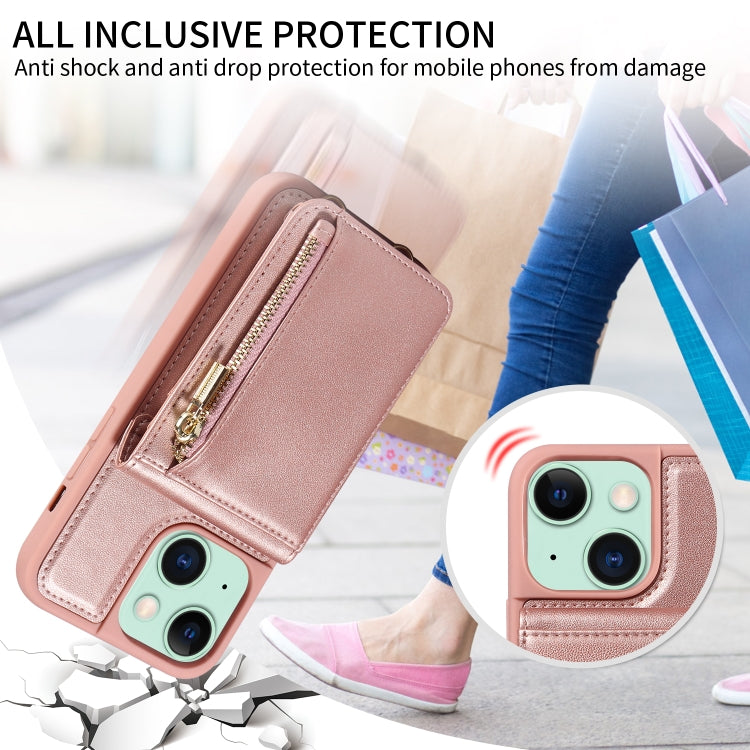 For iPhone 15 Plus Crossbody Lanyard Zipper Wallet Leather Phone Case(Rose Gold) - iPhone 15 Plus Cases by buy2fix | Online Shopping UK | buy2fix