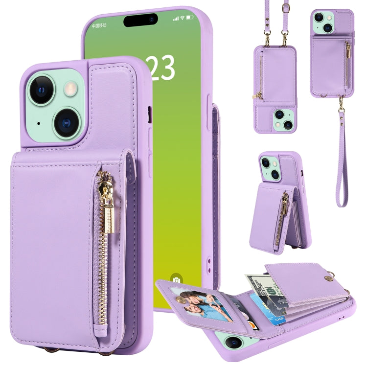For iPhone 15 Plus Crossbody Lanyard Zipper Wallet Leather Phone Case(Purple) - iPhone 15 Plus Cases by buy2fix | Online Shopping UK | buy2fix