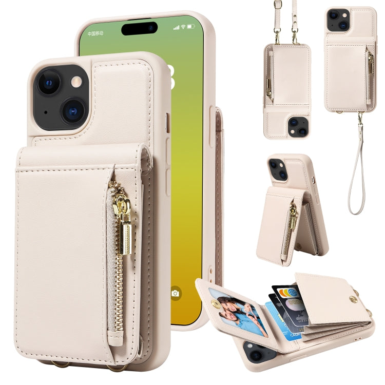 For iPhone 15 Crossbody Lanyard Zipper Wallet Leather Phone Case(Beige) - iPhone 15 Cases by buy2fix | Online Shopping UK | buy2fix