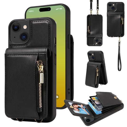 For iPhone 15 Crossbody Lanyard Zipper Wallet Leather Phone Case(Black) - iPhone 15 Cases by buy2fix | Online Shopping UK | buy2fix