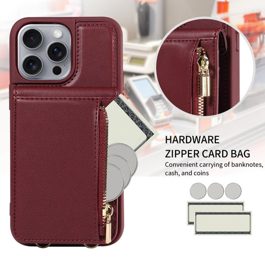 For iPhone 16 Pro Max Crossbody Lanyard Zipper Wallet Leather Phone Case(Wine Red) by buy2fix