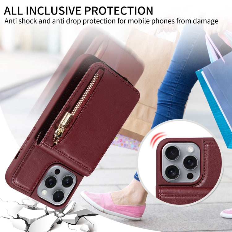 For iPhone 16 Pro Max Crossbody Lanyard Zipper Wallet Leather Phone Case(Wine Red) - iPhone 16 Pro Max Cases by buy2fix | Online Shopping UK | buy2fix