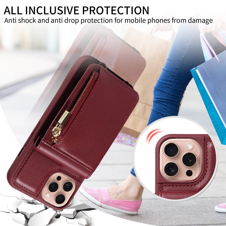 For iPhone 16 Pro Crossbody Lanyard Zipper Wallet Leather Phone Case(Wine Red) - iPhone 16 Pro Cases by buy2fix | Online Shopping UK | buy2fix