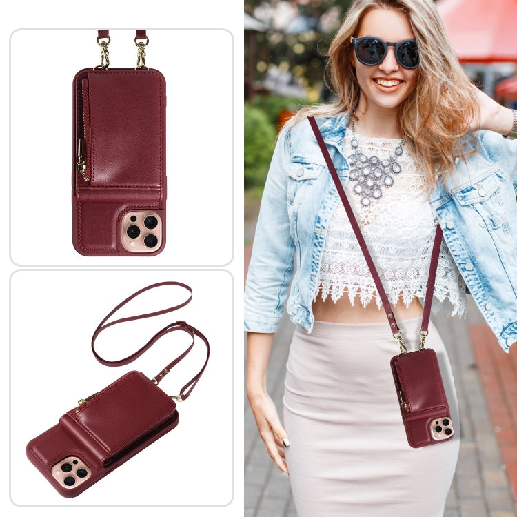 For iPhone 16 Pro Crossbody Lanyard Zipper Wallet Leather Phone Case(Wine Red) - iPhone 16 Pro Cases by buy2fix | Online Shopping UK | buy2fix