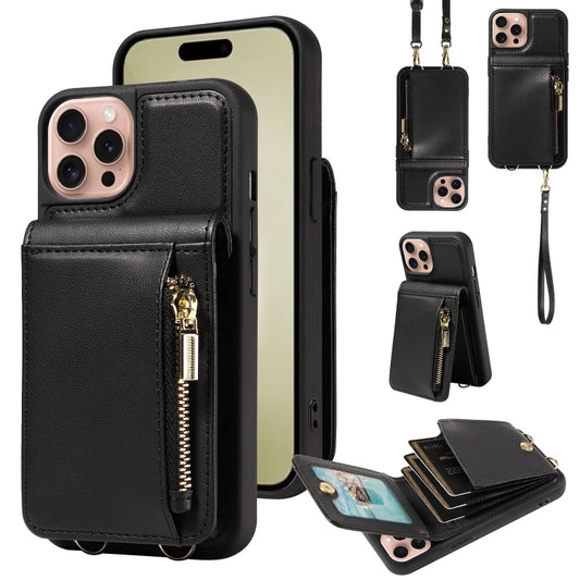 For iPhone 16 Pro Crossbody Lanyard Zipper Wallet Leather Phone Case(Black) - iPhone 16 Pro Cases by buy2fix | Online Shopping UK | buy2fix