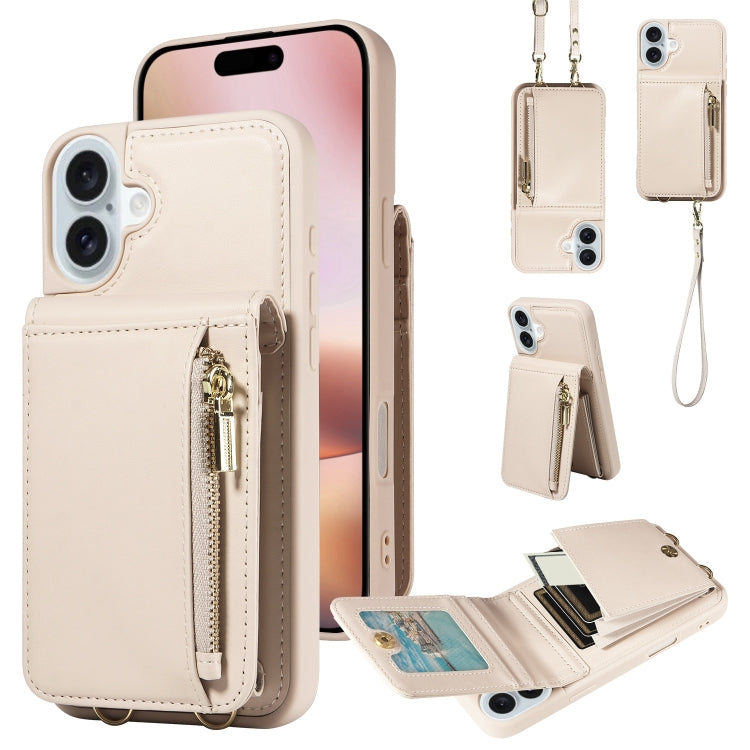 For iPhone 16 Plus Crossbody Lanyard Zipper Wallet Leather Phone Case(Beige) by buy2fix