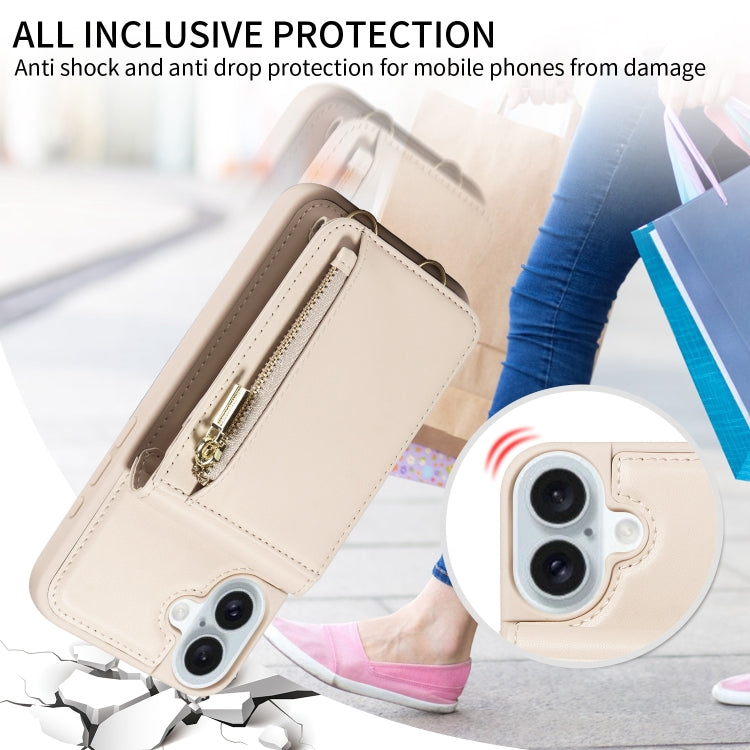 For iPhone 16 Plus Crossbody Lanyard Zipper Wallet Leather Phone Case(Beige) by buy2fix